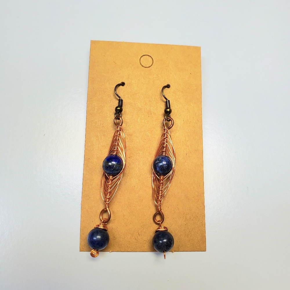 Copper Wire Wrapped Blue Lapis Dangle Earrings